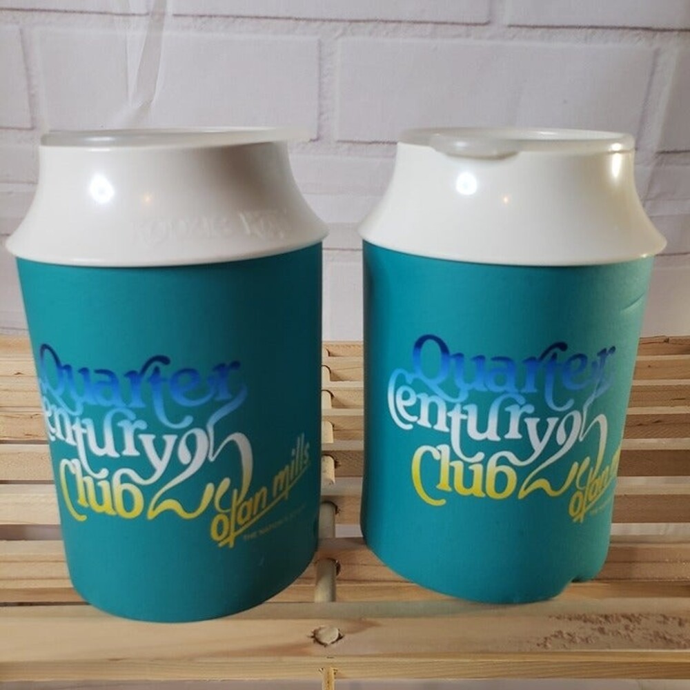 Cool Set of 2 Vintage Advertising Green Koozie Kup Olan Mills with Lids